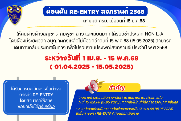 ประชาสัมพันธ์ กรณีผ่อนผันให้แรงงานต่างด้าว 3 สัญชาติ  (ลาว กัมพูชา เมียนมา) ที่ประสงค์สงวนสิทธิ์วีซ่า (re-entry) ในห้วงเทศกาลสงกรานต์ 2568 ตามมติ ครม. เมื่อวันที่ 18 มี.ค.68
